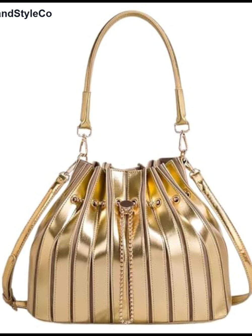 Pleated Bucket Bag Vegan PU Leather Striped Crossbody Shoulder Purse